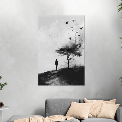 Painting of Silhouetted Man by a Tree with Blackbirds- Elegance in Monochrome