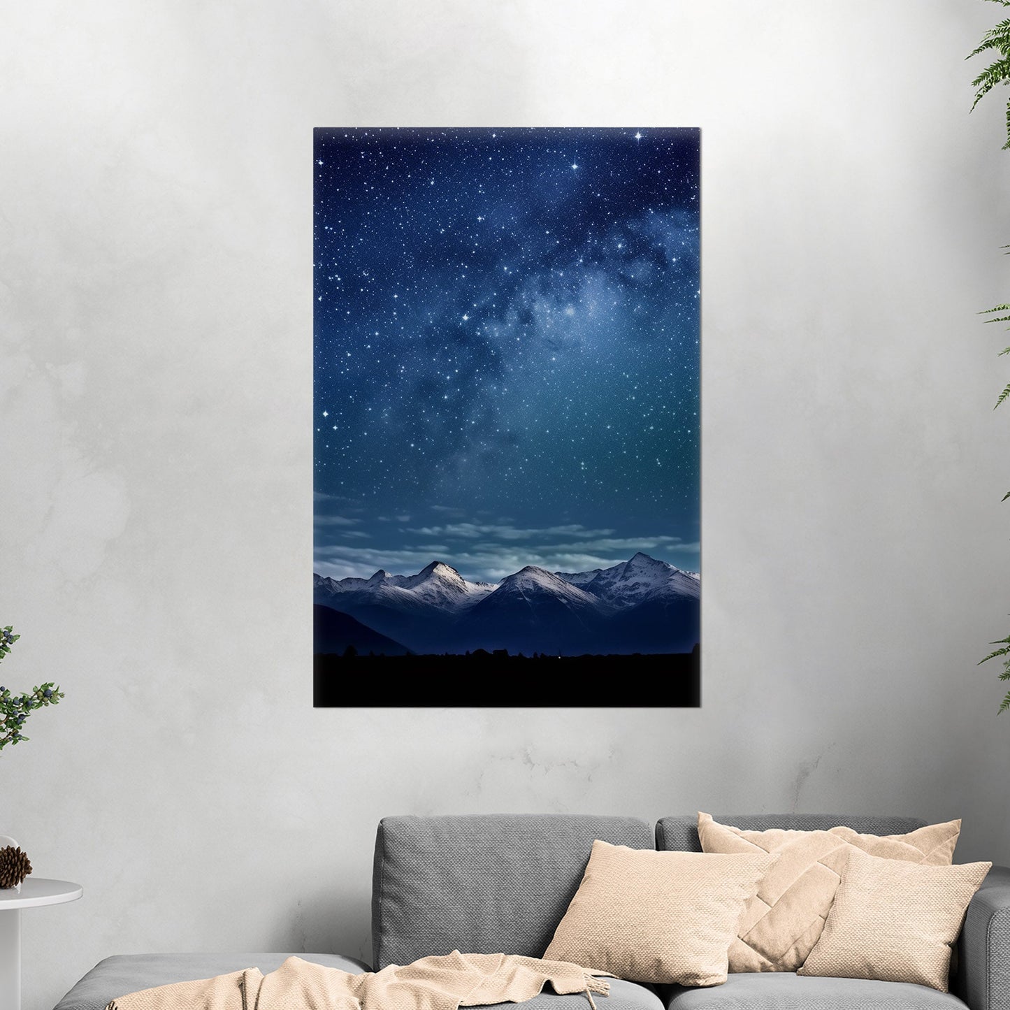 Painting of Star-filled Sky at night with Mountains as Backdrop - Starry Serenity at Midnight