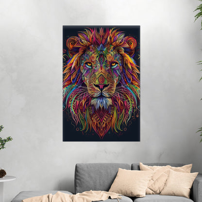 Multicolor Vibrant Digital Drawing of Majestic Lion Face - Lion's Vibrant Mandala Dance