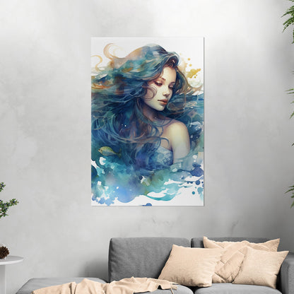 Watercolor Mermaid Portrait in Blue - Enchanting Mermaid's Mystical Underwater Dance