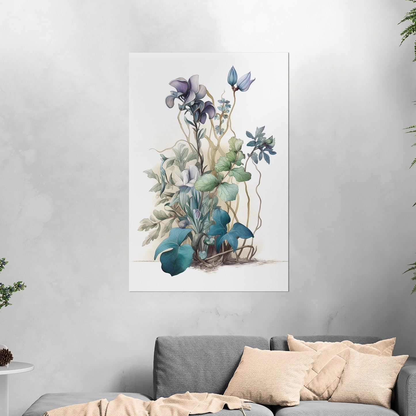 Watercolor of Wildflowers in Blues, Teals and Greens - Botanical Elegance