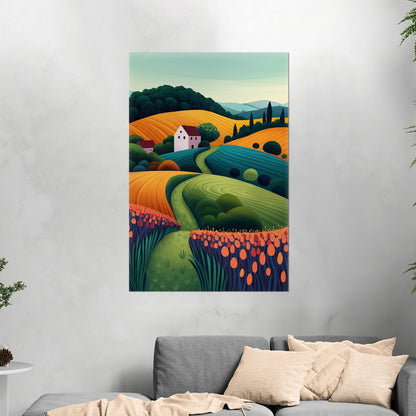 Stylized Digital Illustration of Countryside Vista - Dynamic Dreamscape