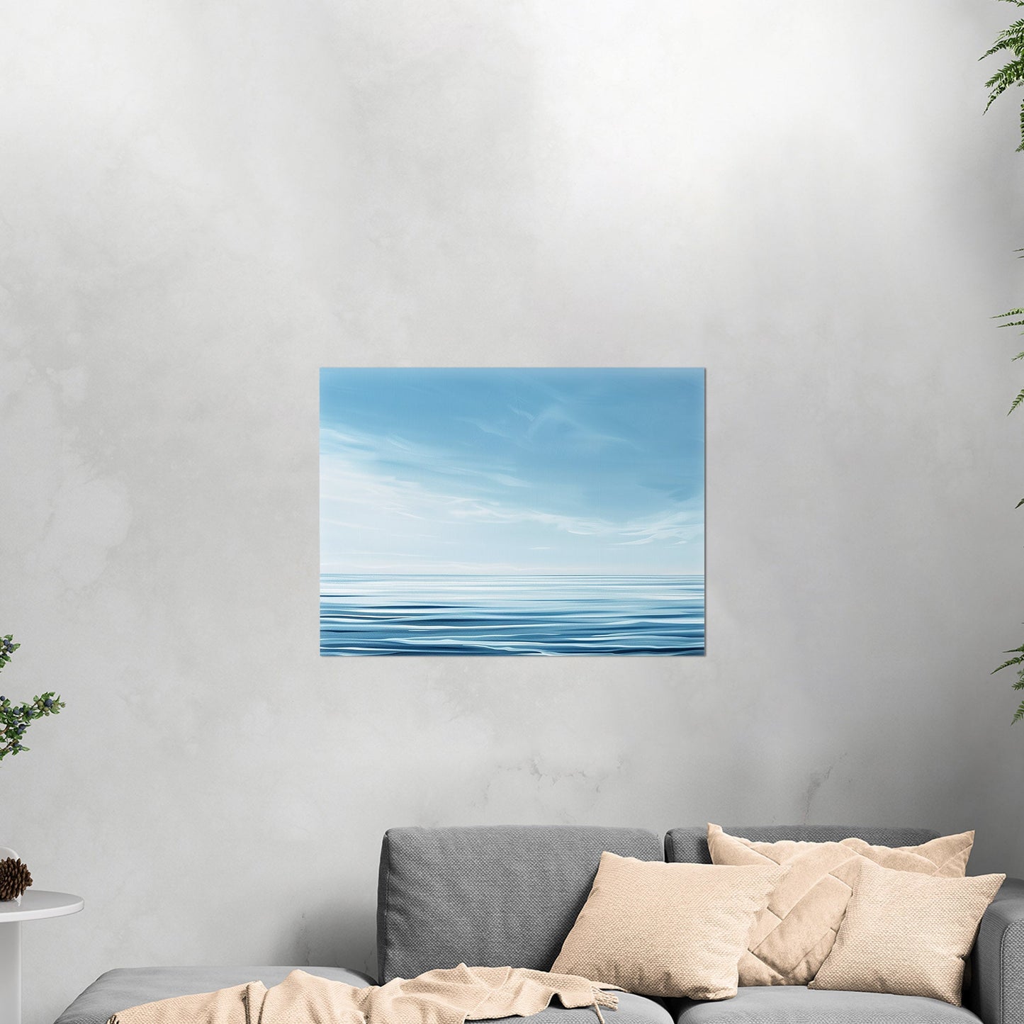 Minimalist abstract brush stroke painting of ocean and blue sky - Serenity Sky Vision