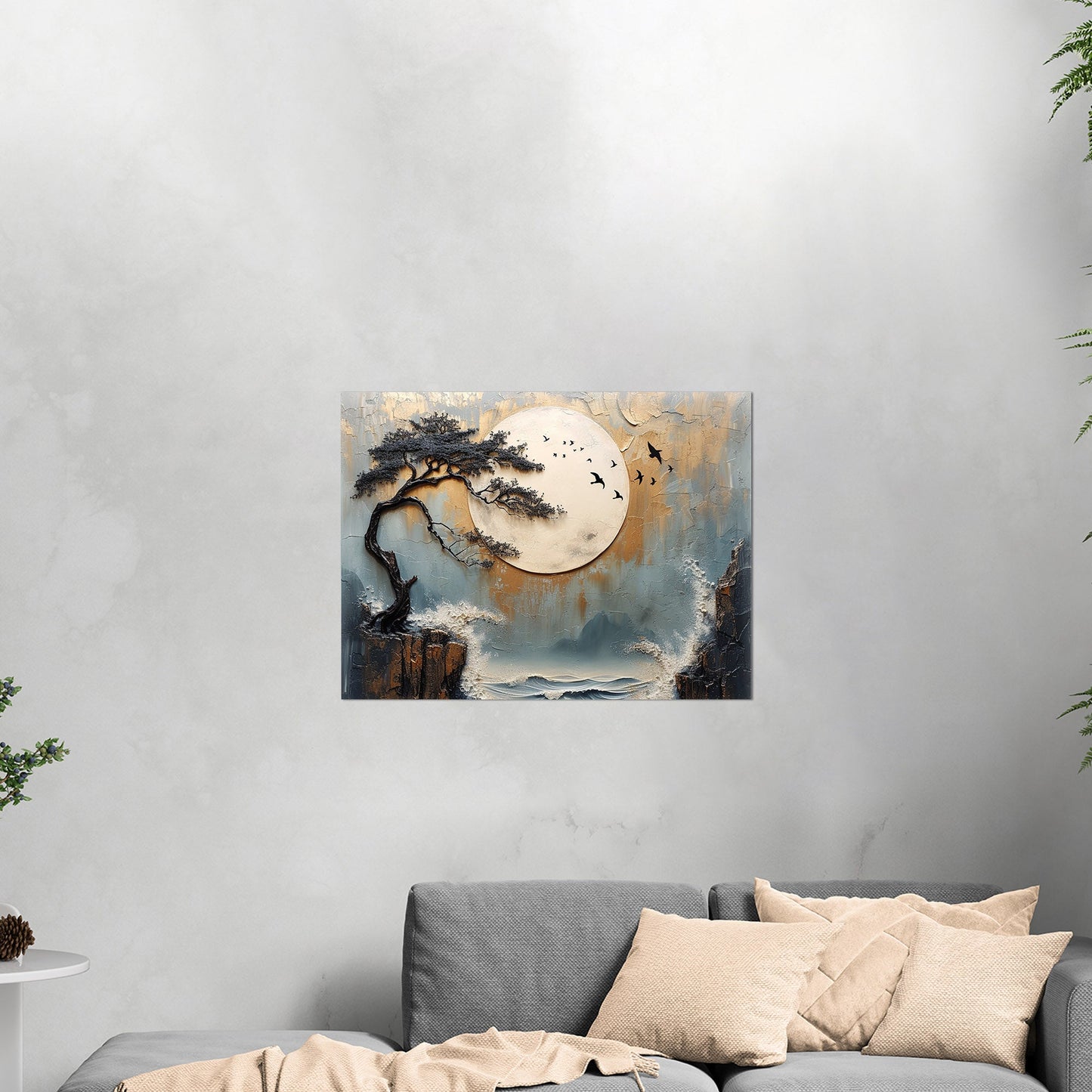 Textured Asian Painting Style Landscape - Tranquil Unity: A Balanced Journey