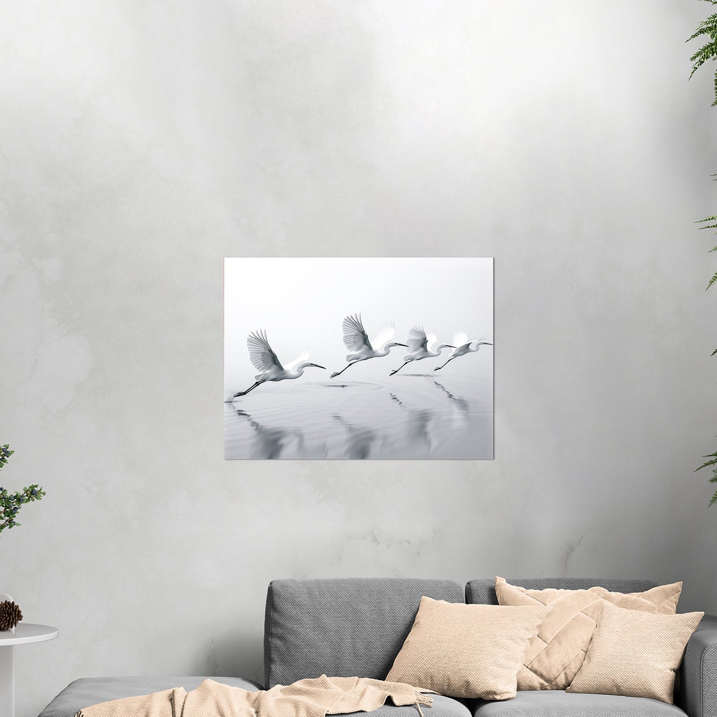 Tranquil wall art depicting elegant egrets flying over serene lake - Serene Flight