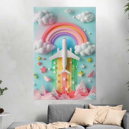 Whimsical paper-cut art featuring plane - Dreamy Rainbow Flight