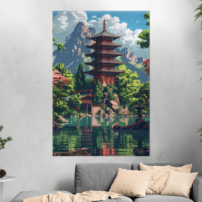 Japanese-inspired fantasy lake pixel art - Enchanted Oasis