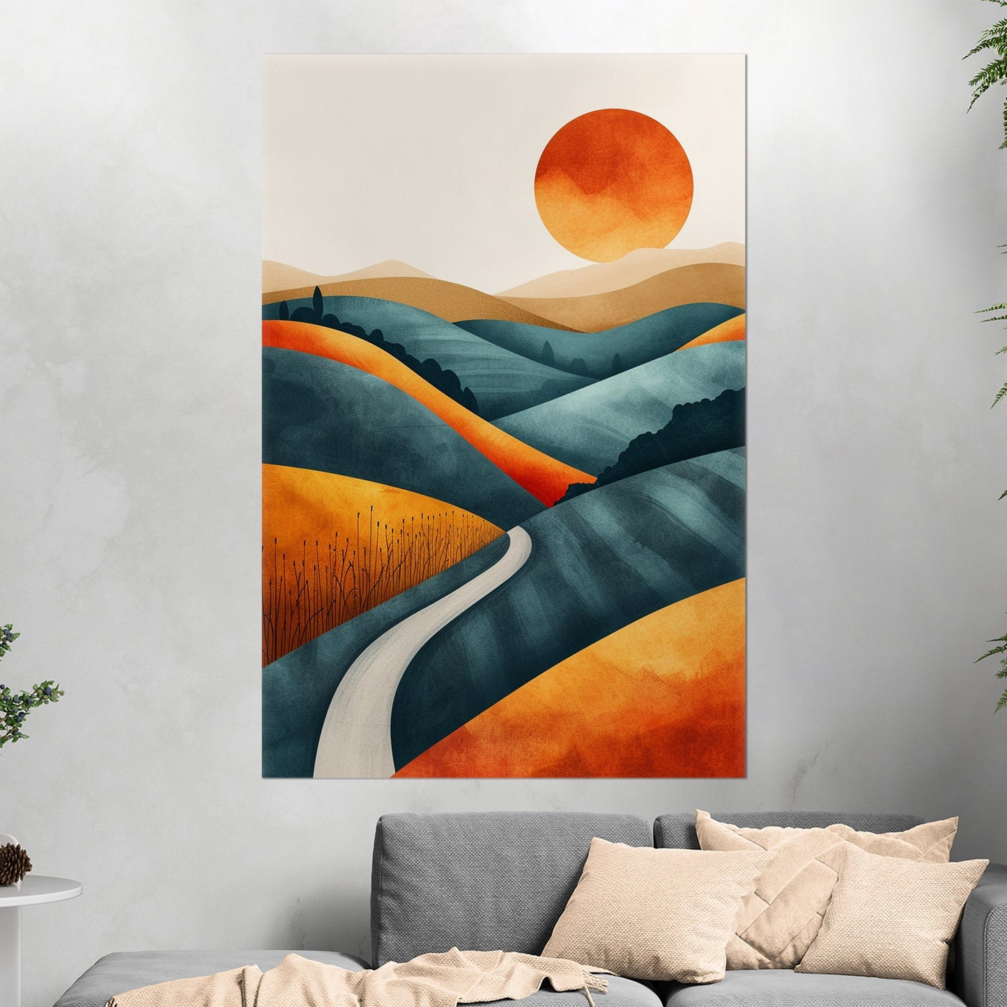 Abstract Hills at Sunset in Orange and Blue - Vivid Dreamscape: Path to Serenity