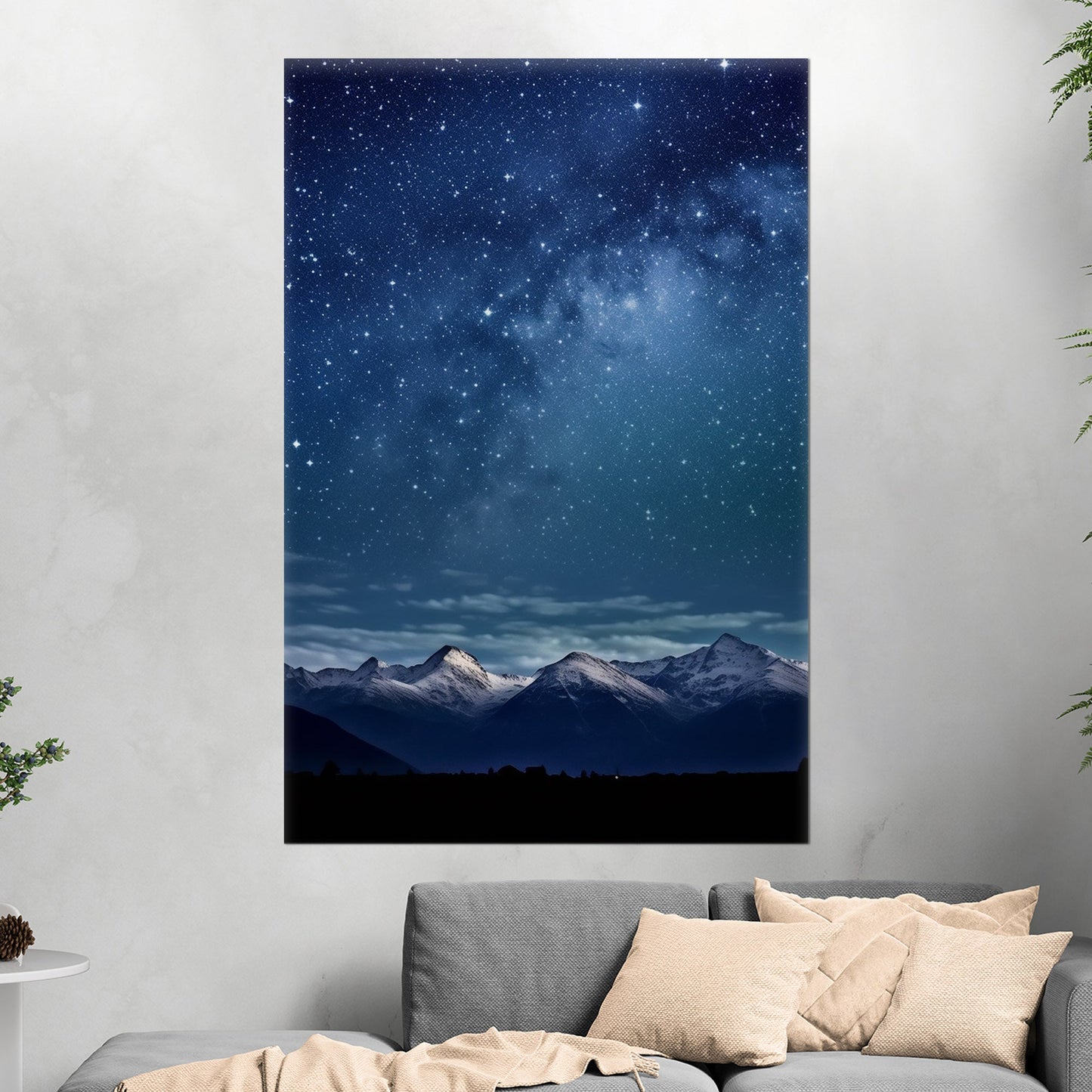 Painting of Star-filled Sky at night with Mountains as Backdrop - Starry Serenity at Midnight