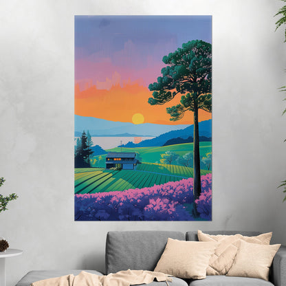 Vintage sunset house on canvas - Serenity Sunset Glow