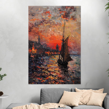 Impressionist Landscape of Sailboat Arriving at a Town - Sunset Dreams Over Lisbon Skyline Monetized