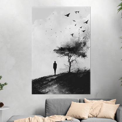 Painting of Silhouetted Man by a Tree with Blackbirds- Elegance in Monochrome