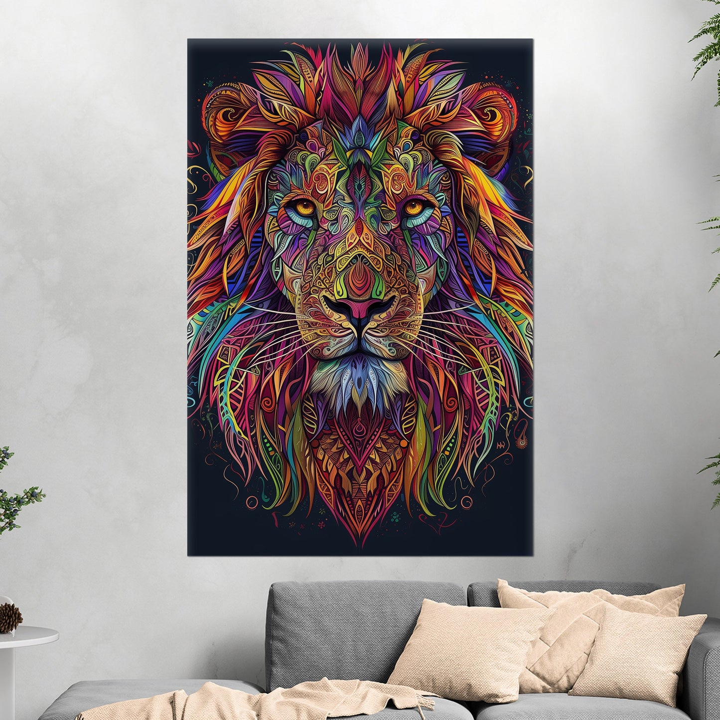 Multicolor Vibrant Digital Drawing of Majestic Lion Face - Lion's Vibrant Mandala Dance