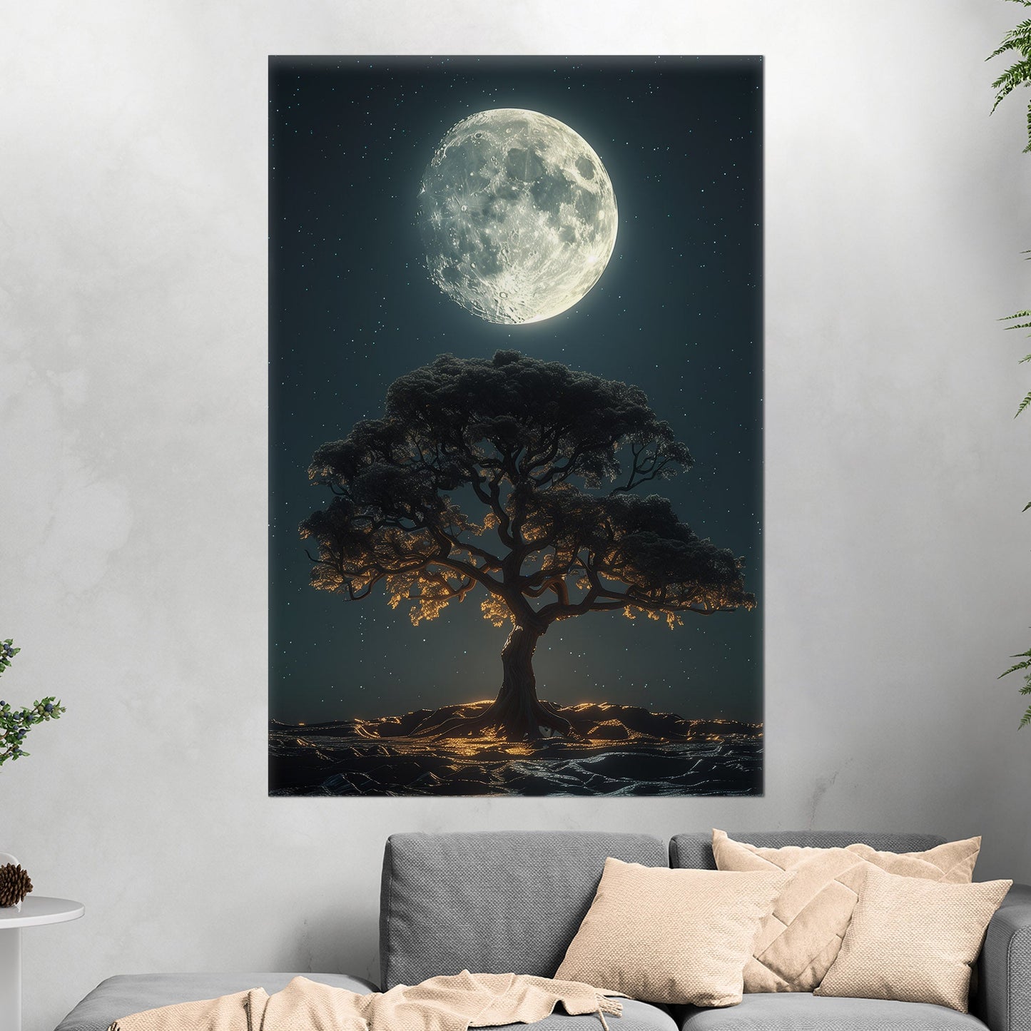 Perfect Isolated Tree with Moon at Night - Moonlit Serenity