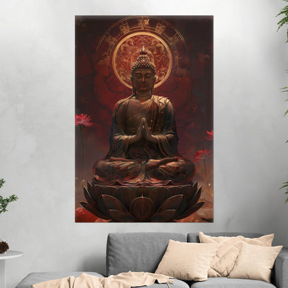 Buddha Statue in Lotus Position, Red Hues - Serene Ascension