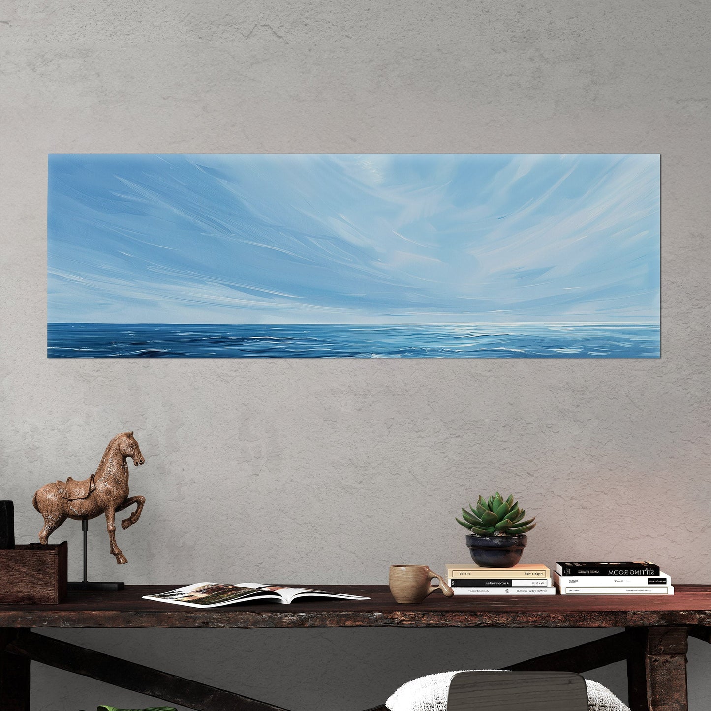 Minimalist abstract brush stroke painting of ocean and blue sky - Tranquil Seaside Serenity