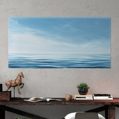 Minimalist abstract brush stroke painting of ocean and blue sky - Tranquil Serenity