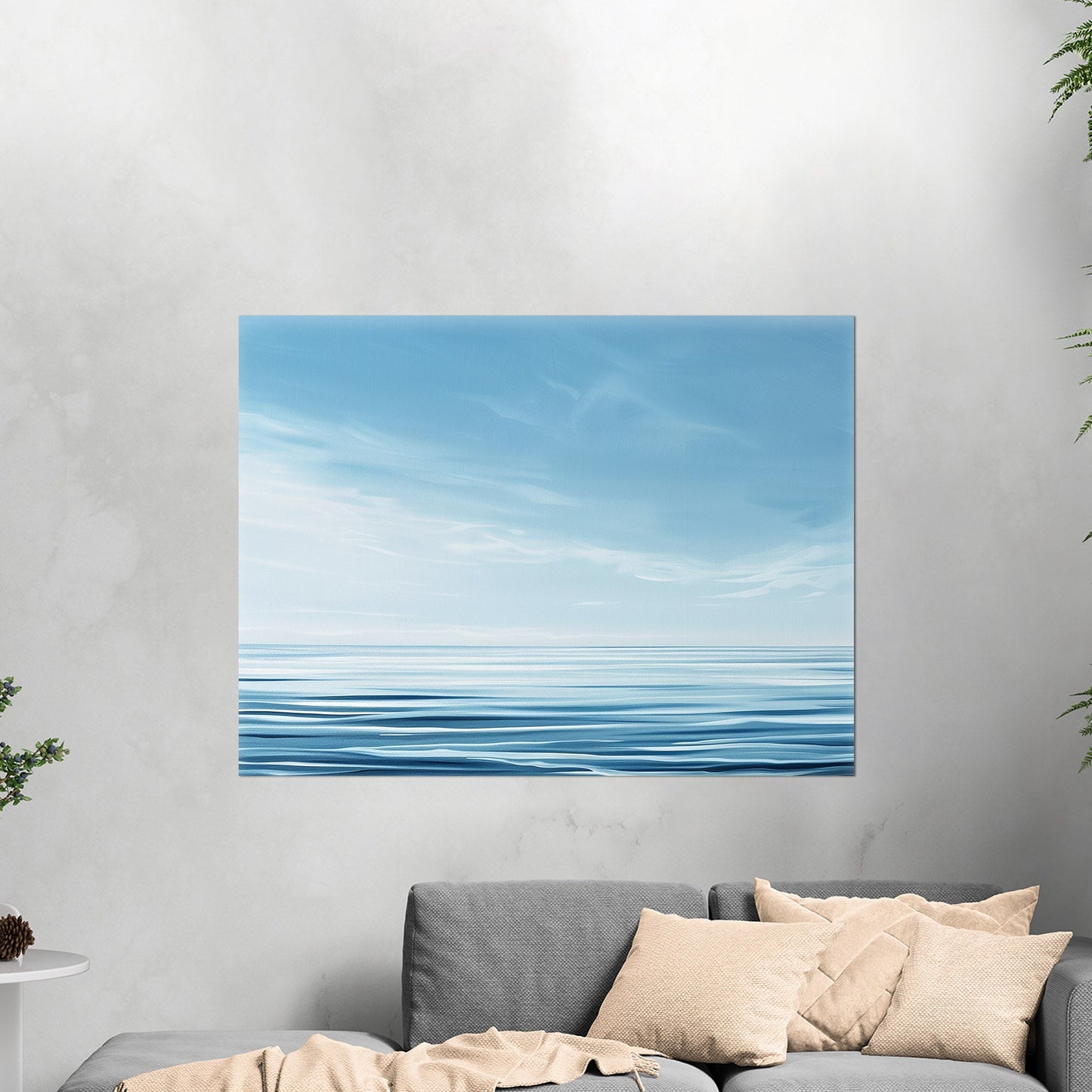 Minimalist abstract brush stroke painting of ocean and blue sky - Serenity Sky Vision