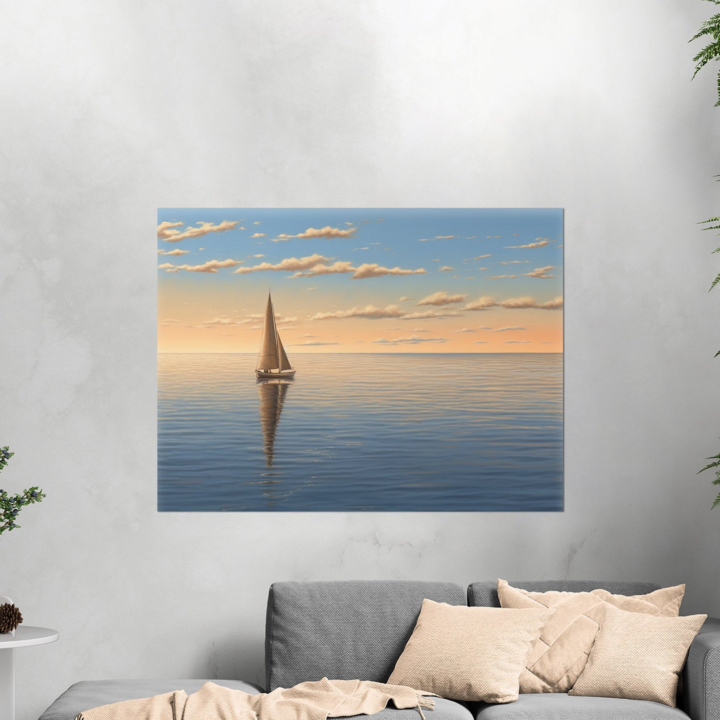 Lone Sailboat at Sunset Painting - Tranquil Sails on the Vast Horizon