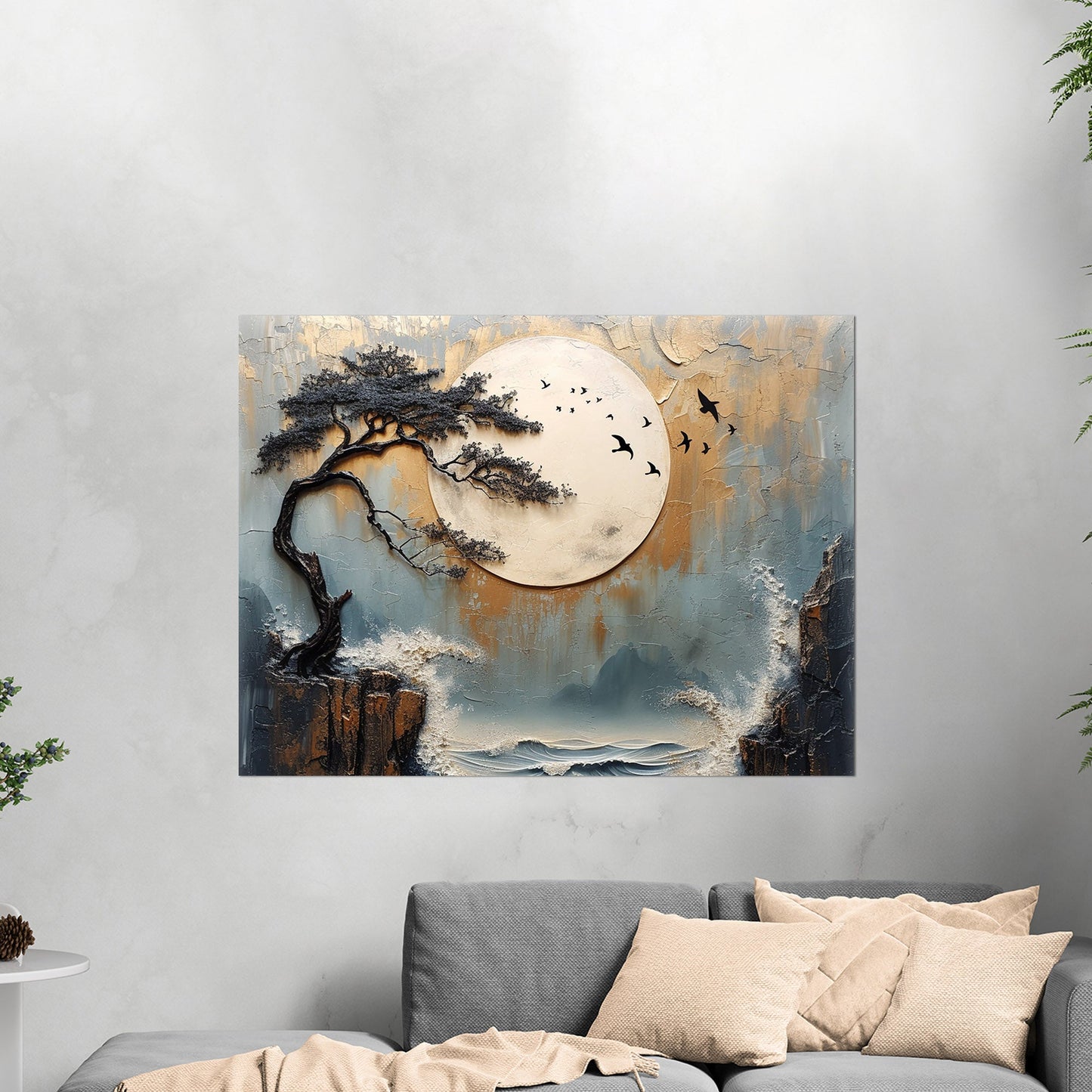 Textured Asian Painting Style Landscape - Tranquil Unity: A Balanced Journey