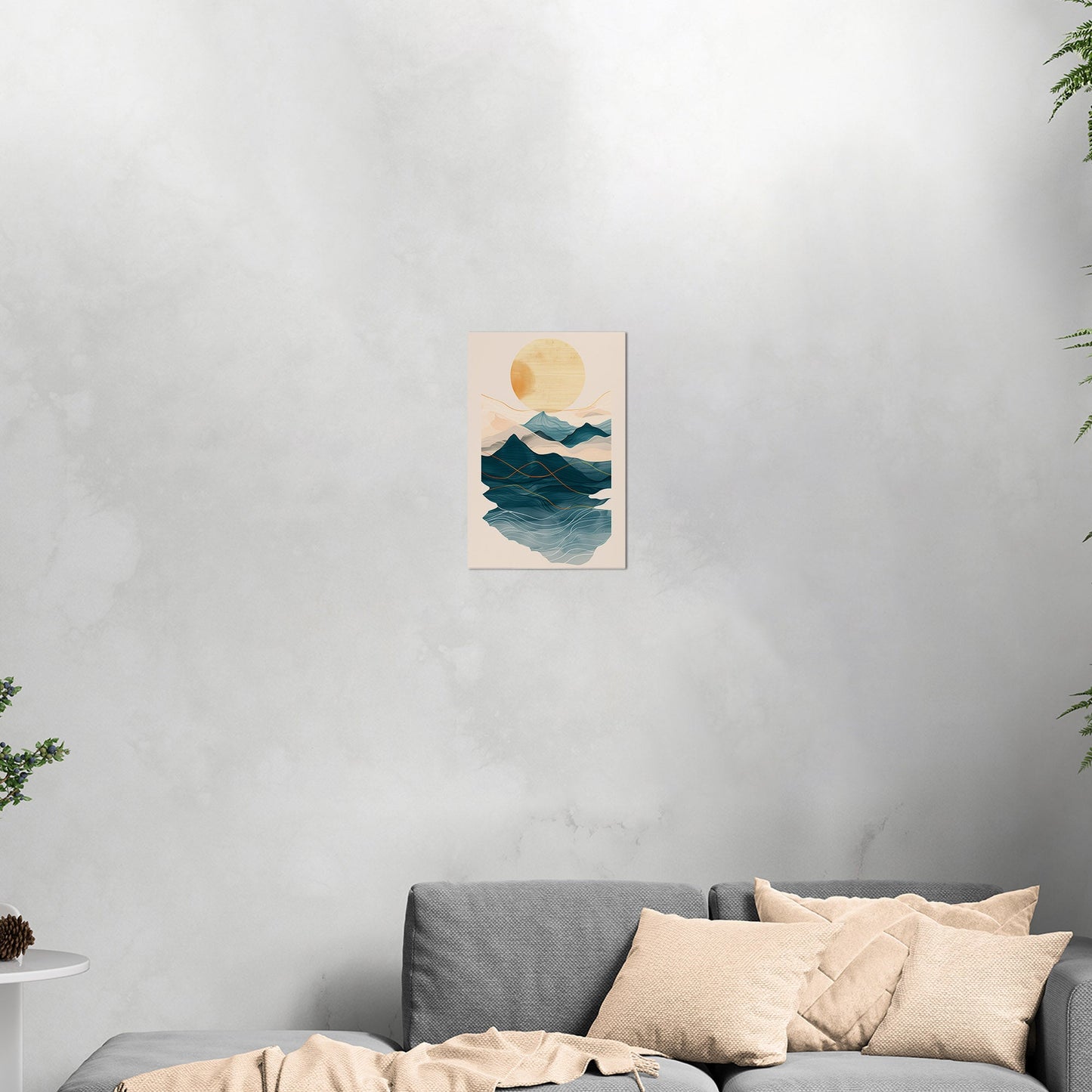 Abstract wall art featuring ocean waves, mountains, and sun - Tranquil Nature Revival