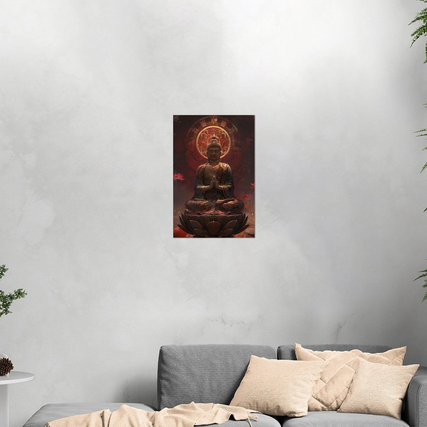 Buddha Statue in Lotus Position, Red Hues - Serene Ascension