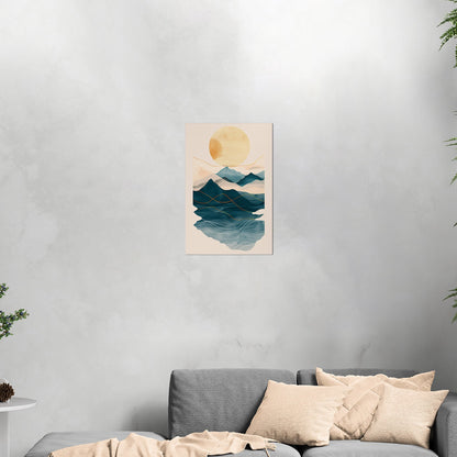 Abstract wall art featuring ocean waves, mountains, and sun - Tranquil Nature Revival