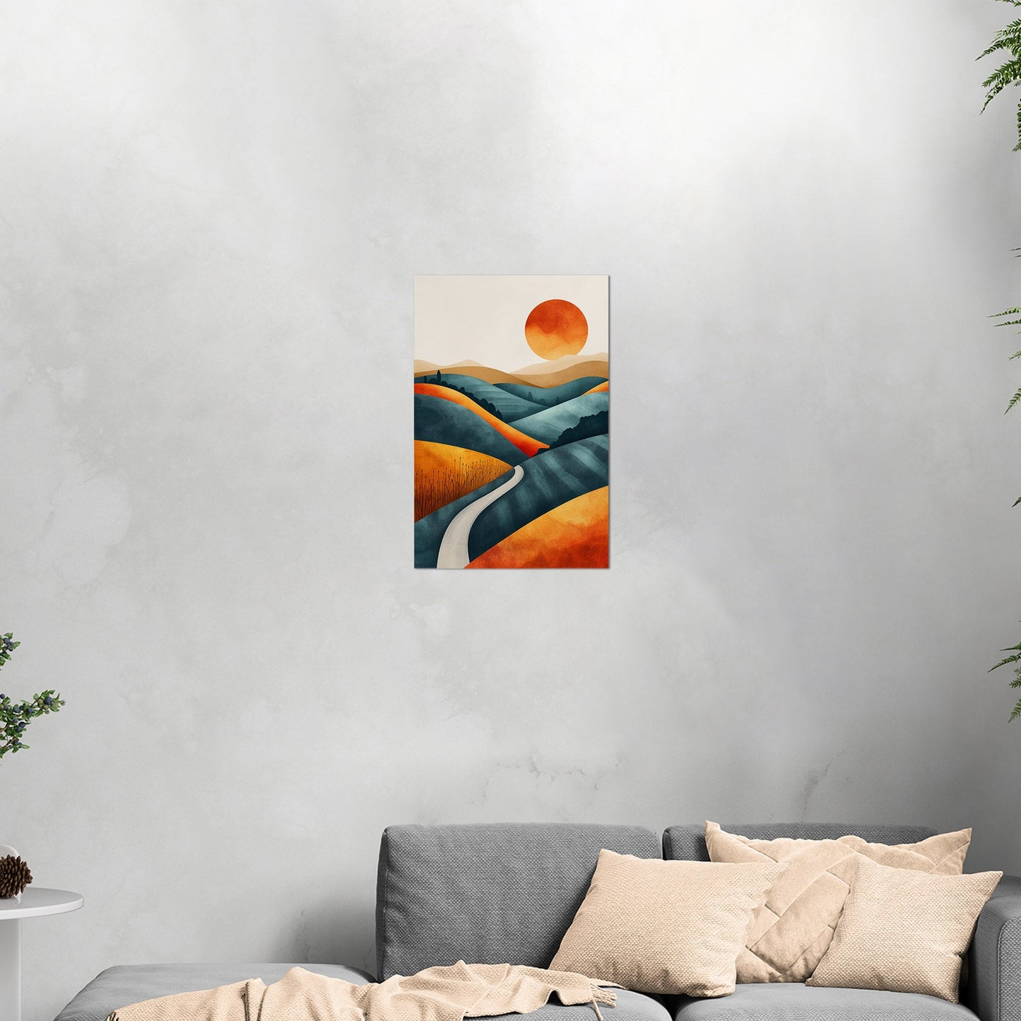 Abstract Hills at Sunset in Orange and Blue - Vivid Dreamscape: Path to Serenity