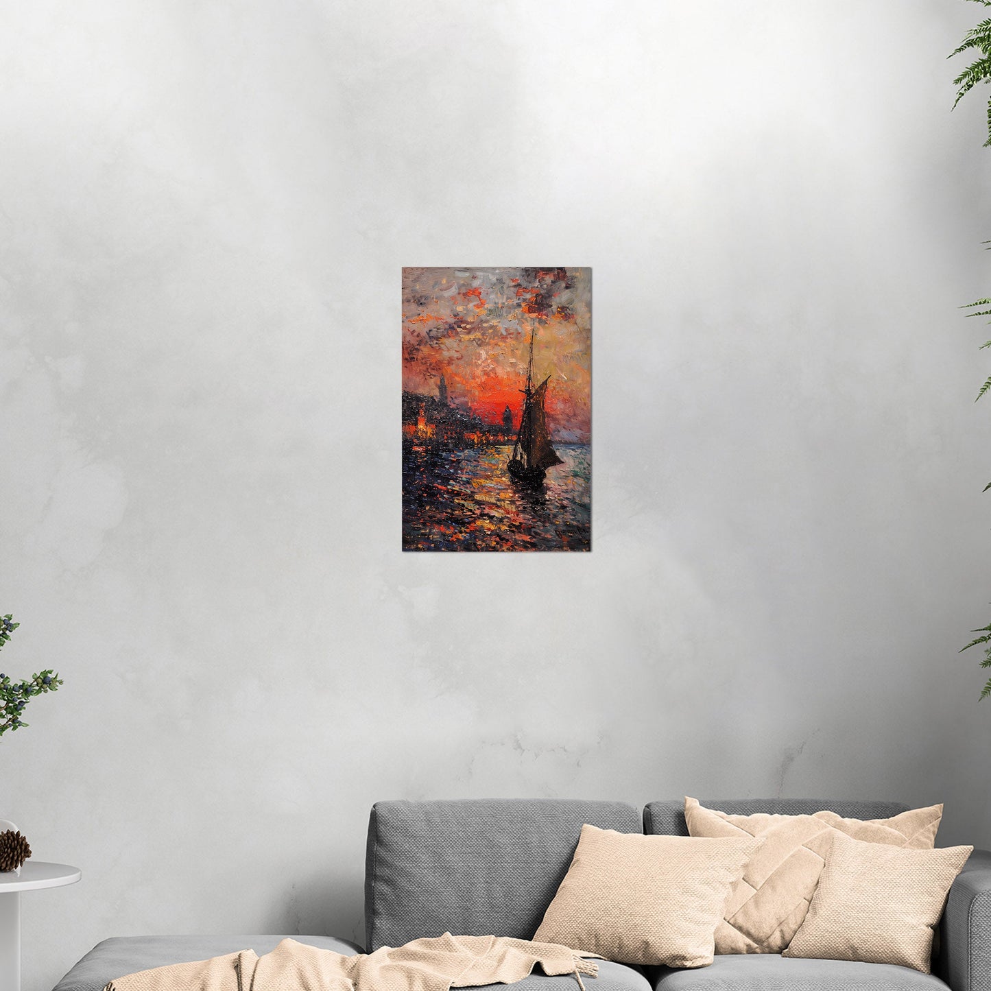 Impressionist Landscape of Sailboat Arriving at a Town - Sunset Dreams Over Lisbon Skyline Monetized