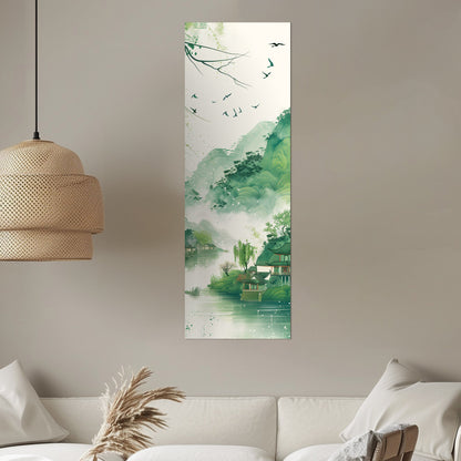 Enchanting spring scenery with green mountains and swallows flying above houses on riverbank, in traditional Chinese ink painting style - Serene Mountain Retreat