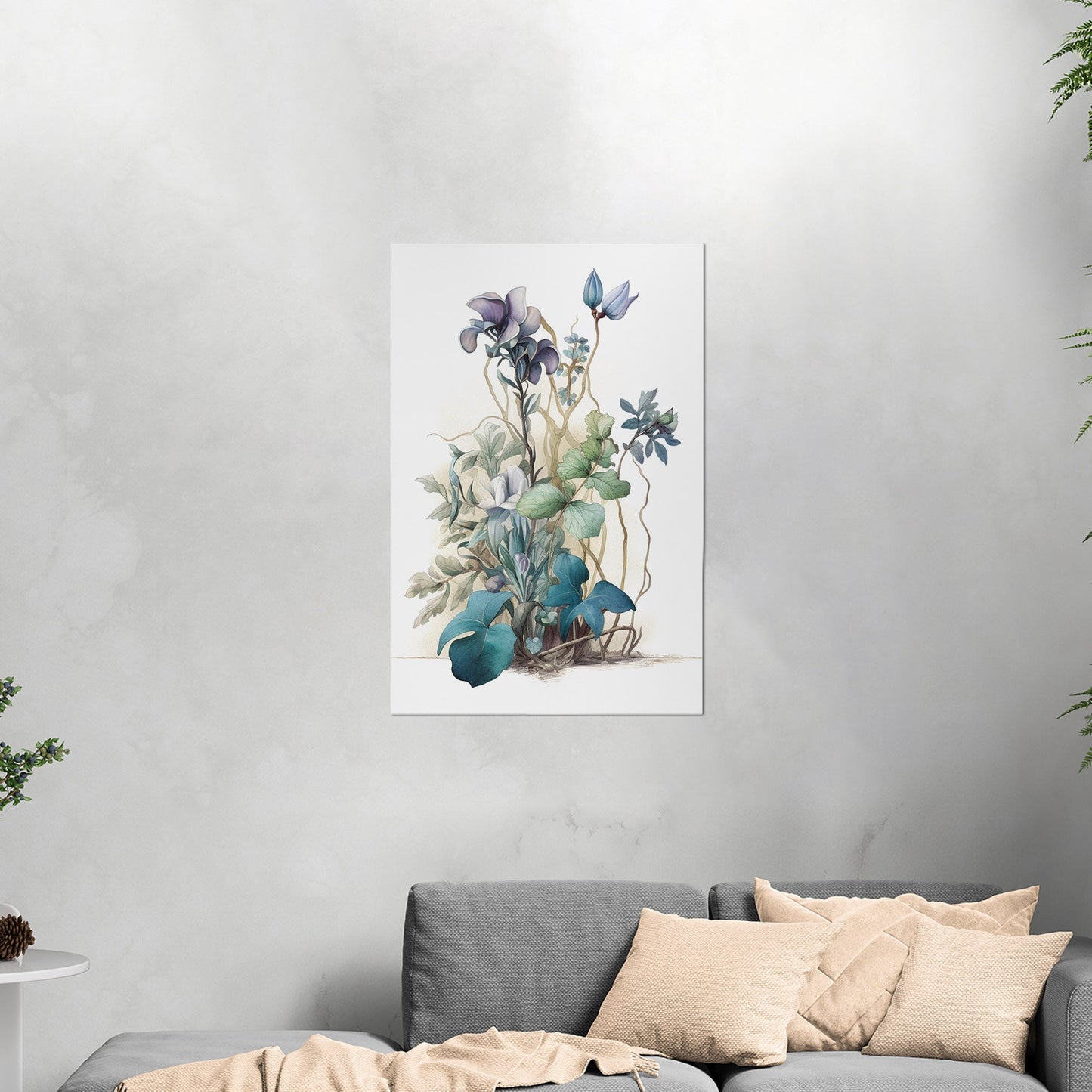 Watercolor of Wildflowers in Blues, Teals and Greens - Botanical Elegance