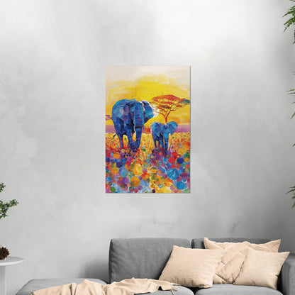 Impressionist Elephant with Child Wandering the Sahara - Elephant Bonding at Sunset