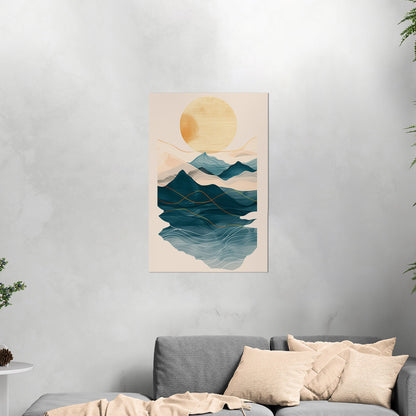 Abstract wall art featuring ocean waves, mountains, and sun - Tranquil Nature Revival