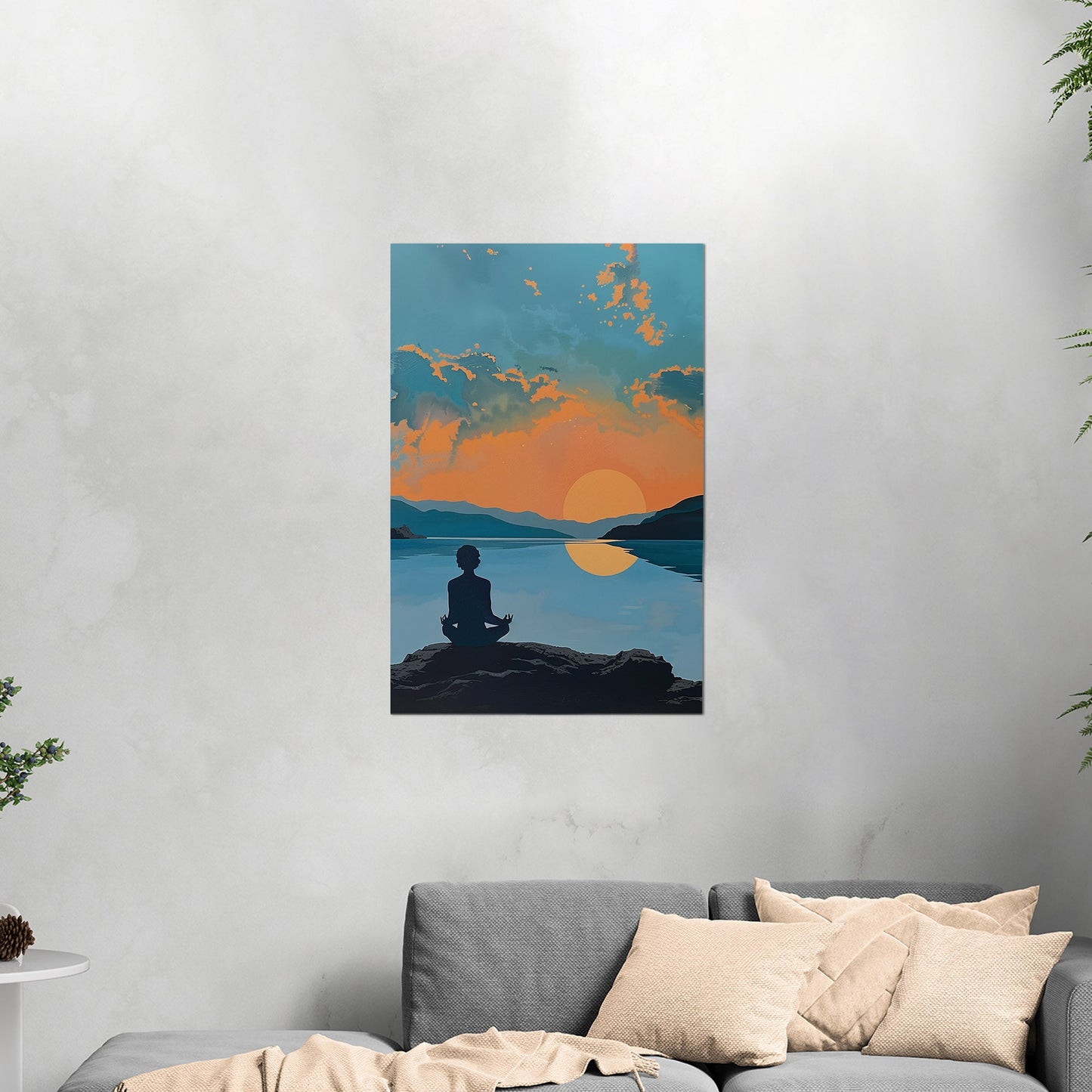 A serene landscape with a person meditating at sunrise: Transcendental Dawn Awakening