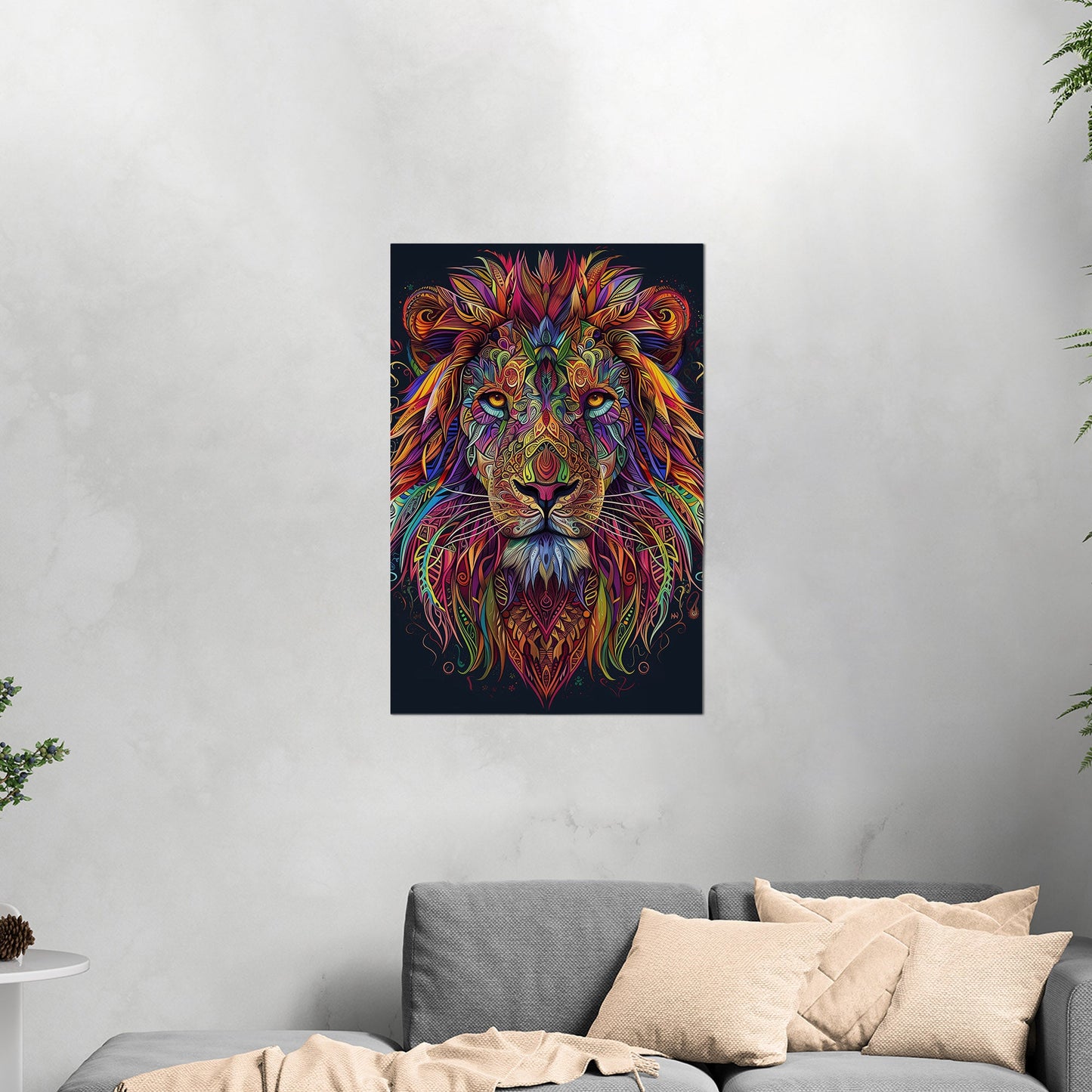 Multicolor Vibrant Digital Drawing of Majestic Lion Face - Lion's Vibrant Mandala Dance