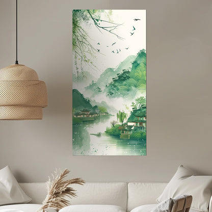 Enchanting spring scenery with green mountains and swallows flying above houses on riverbank, in traditional Chinese ink painting style - Serene Mountain Retreat