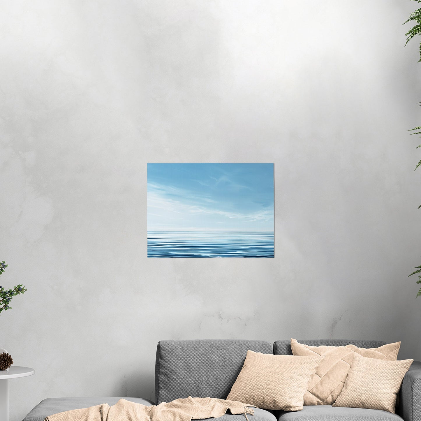 Minimalist abstract brush stroke painting of ocean and blue sky - Serenity Sky Vision