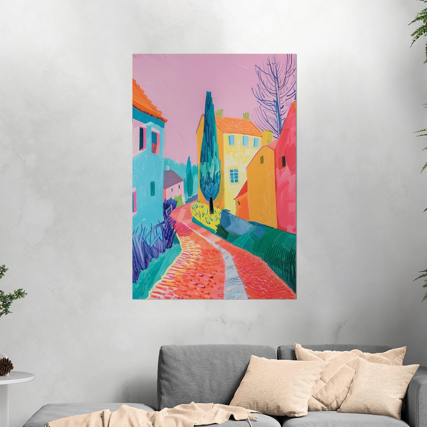 Village Street with Buildings in Vibrant Colors - Tranquil Stroll Escape