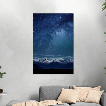 Painting of Star-filled Sky at night with Mountains as Backdrop - Starry Serenity at Midnight