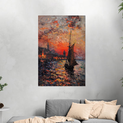 Impressionist Landscape of Sailboat Arriving at a Town - Sunset Dreams Over Lisbon Skyline Monetized