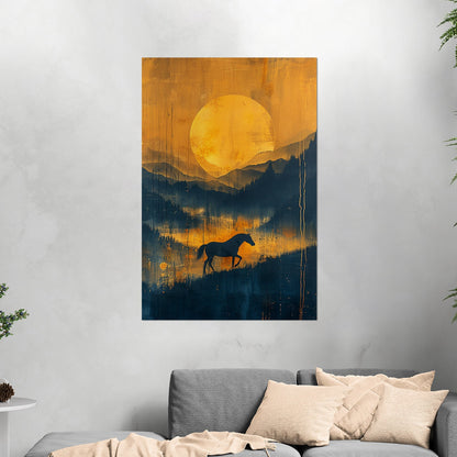 Silhouetted Horse in Mountain Landscape - Golden Gallop: Spirit of the Steppe