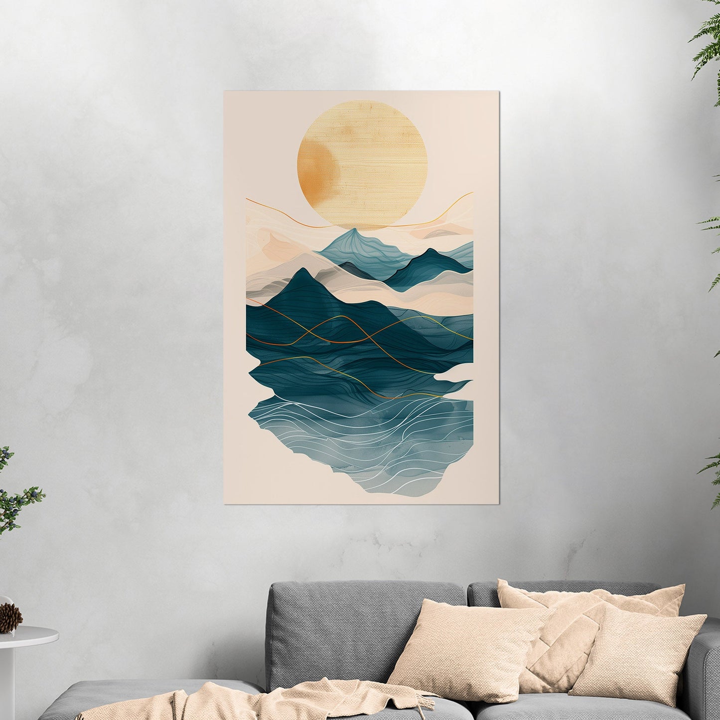 Abstract wall art featuring ocean waves, mountains, and sun - Tranquil Nature Revival