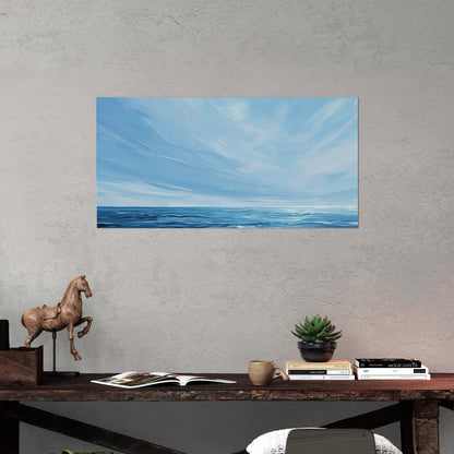 Minimalist abstract brush stroke painting of ocean and blue sky - Tranquil Seaside Serenity