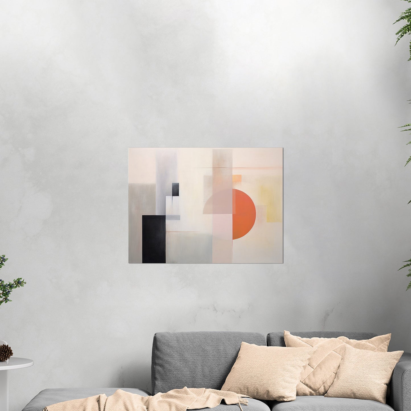 Abstract Geometric Black, Grey, Orange Shapes Painting - Mystic Horizon