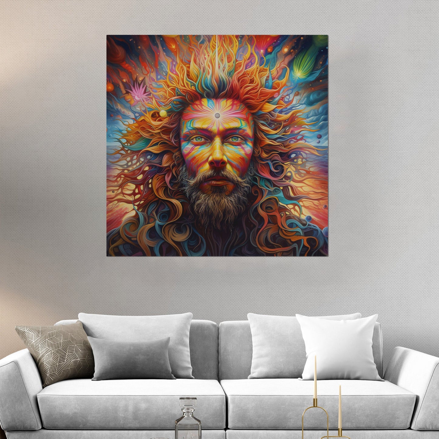 Psychedelic portrait of Oden with flowing rainbow hair