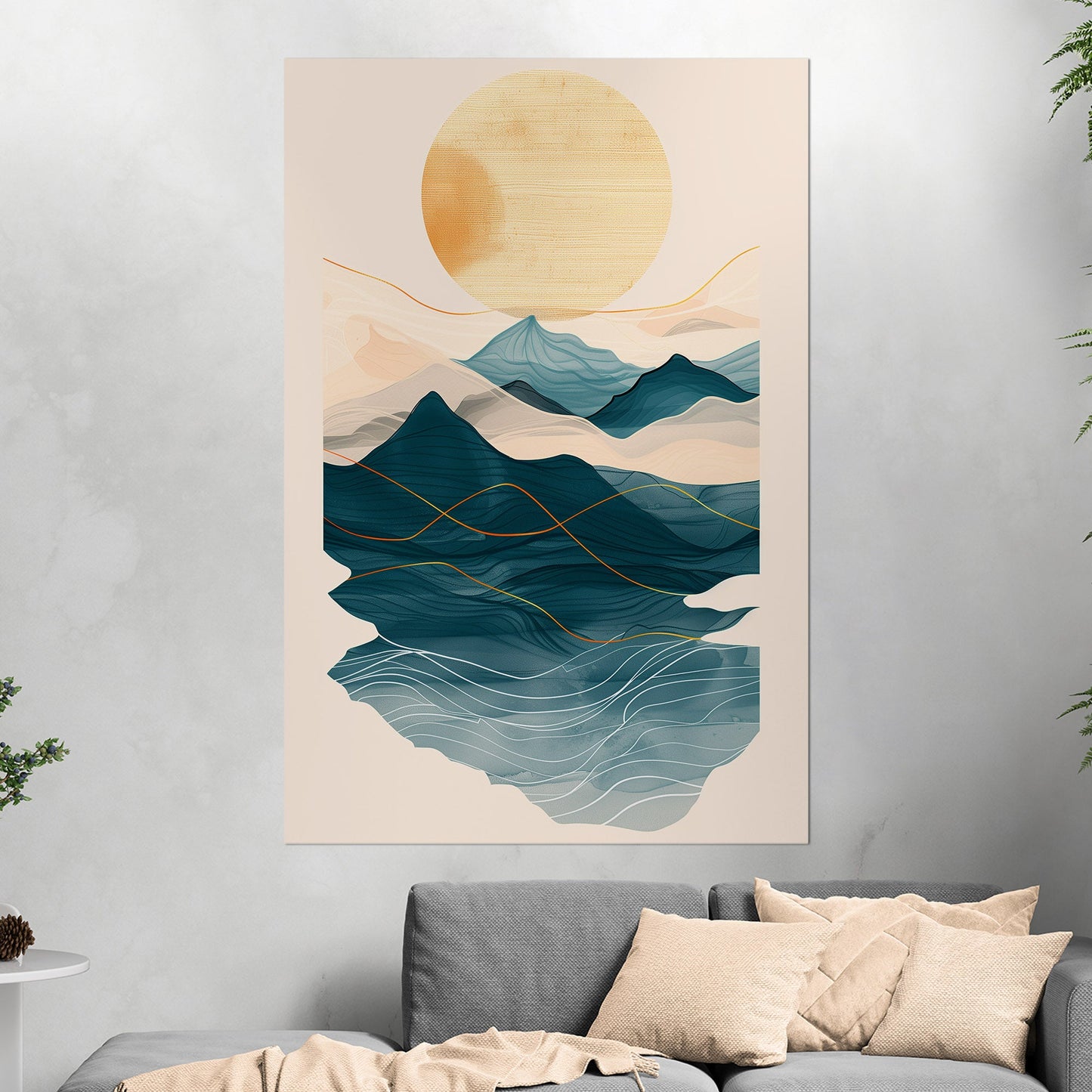 Abstract wall art featuring ocean waves, mountains, and sun - Tranquil Nature Revival