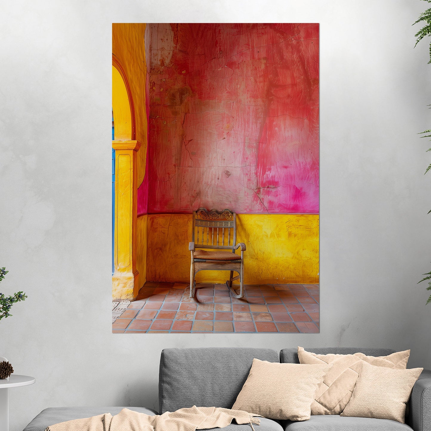 Old Wooden Chair Against a Textured Wall - Vibrant Still Life