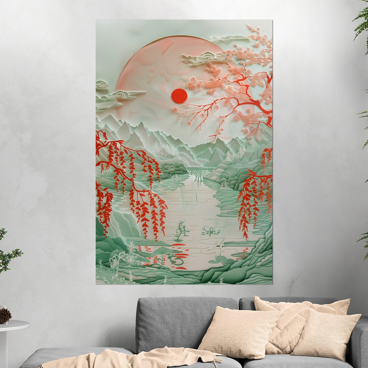 Asian Paper cut style landscape art - Ethereal Willow Dance on Crimson River