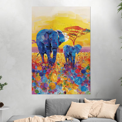 Impressionist Elephant with Child Wandering the Sahara - Elephant Bonding at Sunset