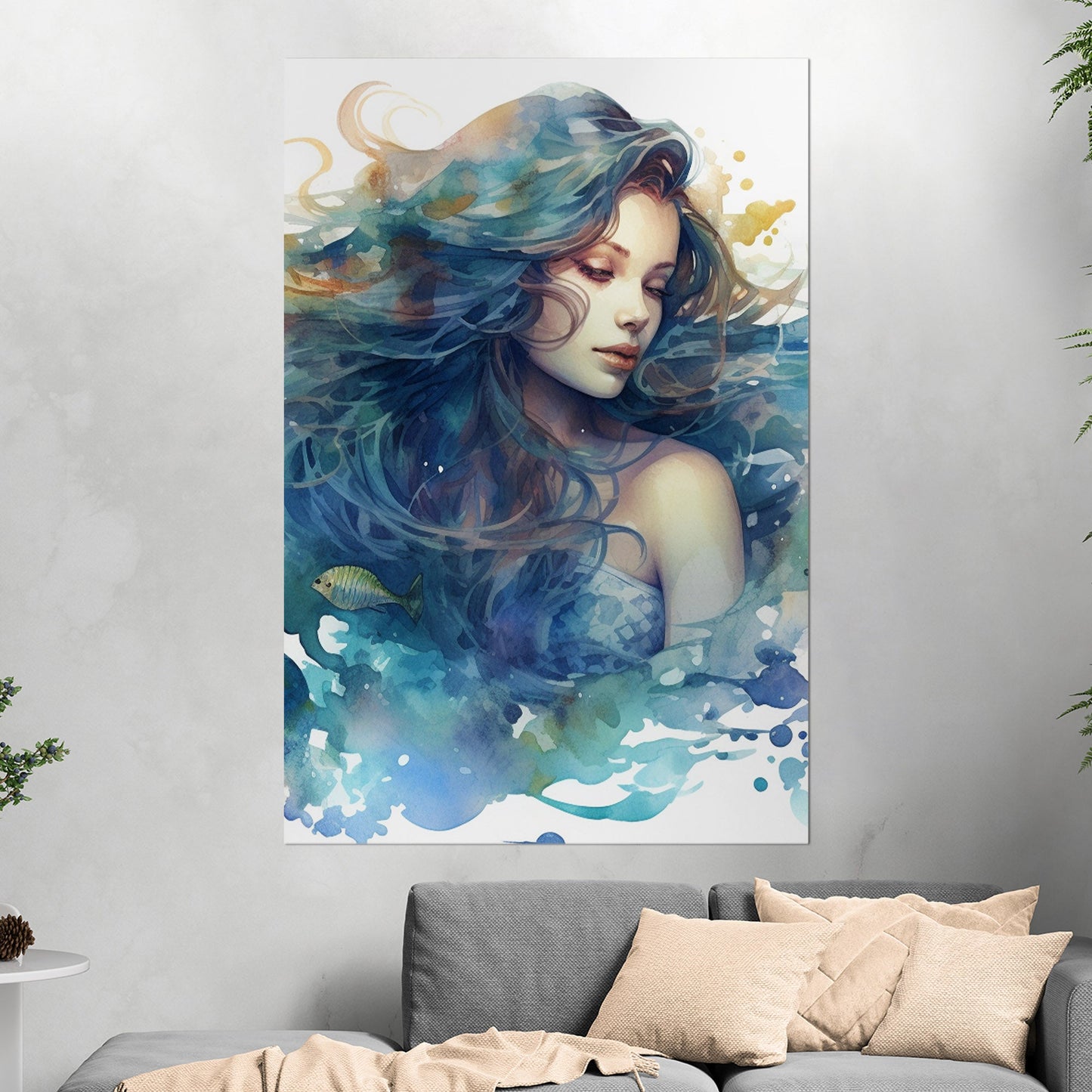 Watercolor Mermaid Portrait in Blue - Enchanting Mermaid's Mystical Underwater Dance